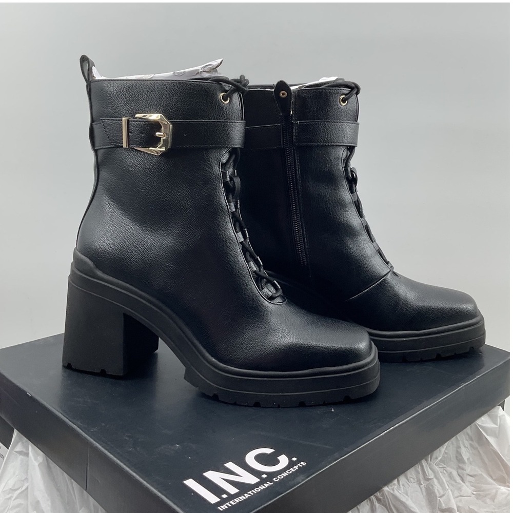 INC International Concepts  Anistyn Block Heel Black Combat Ankle Boots Buckle